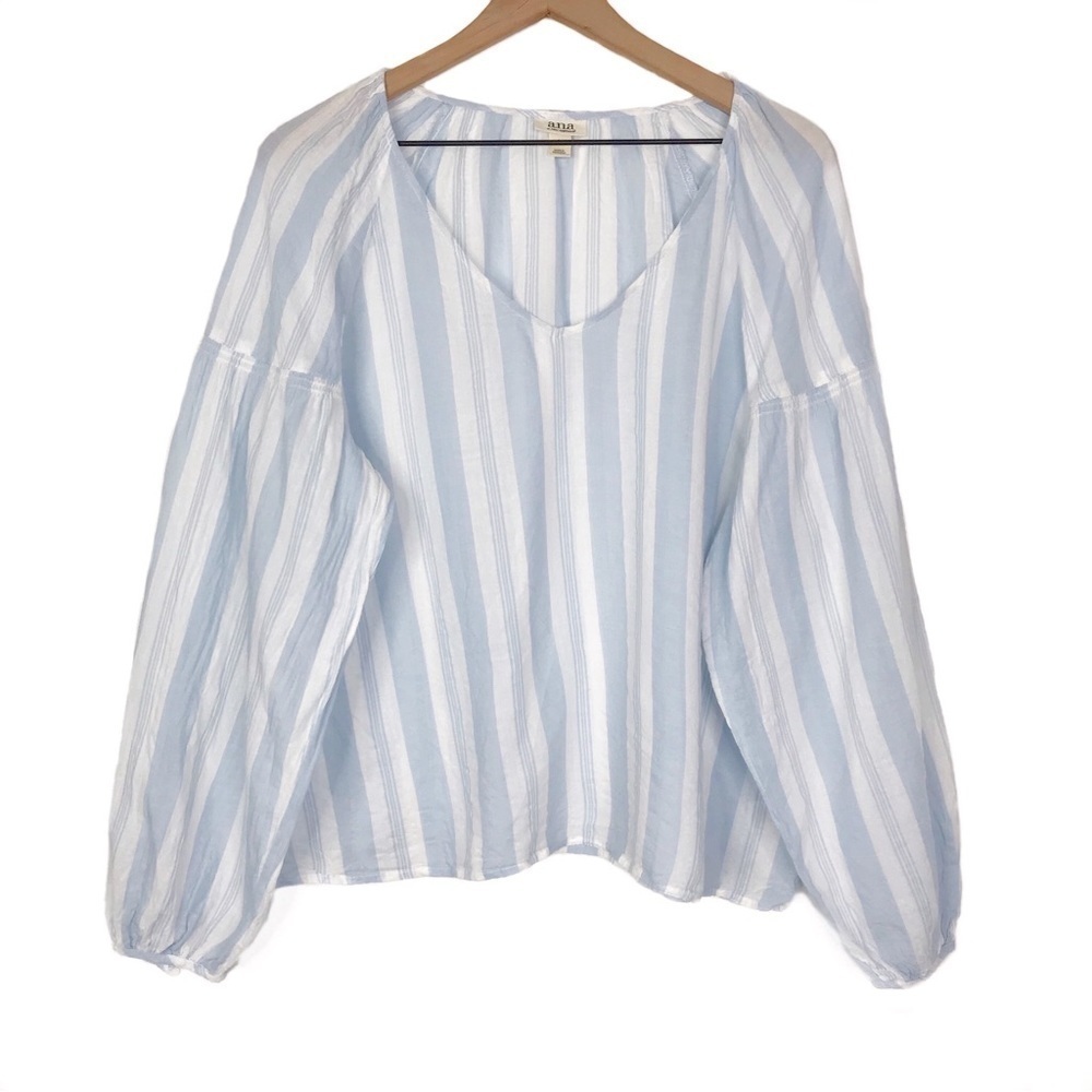 A.N.A Vertical Striped Peasant Blue White Blouse Top L